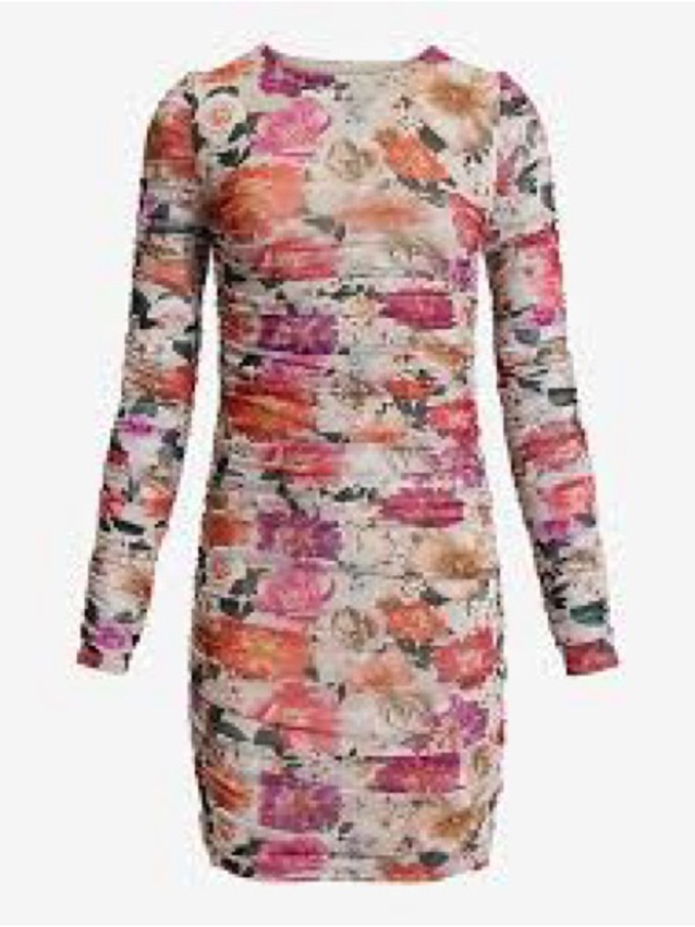 Express Floral Long-Sleeve Ruched Bodycon Dress - Pink Multi